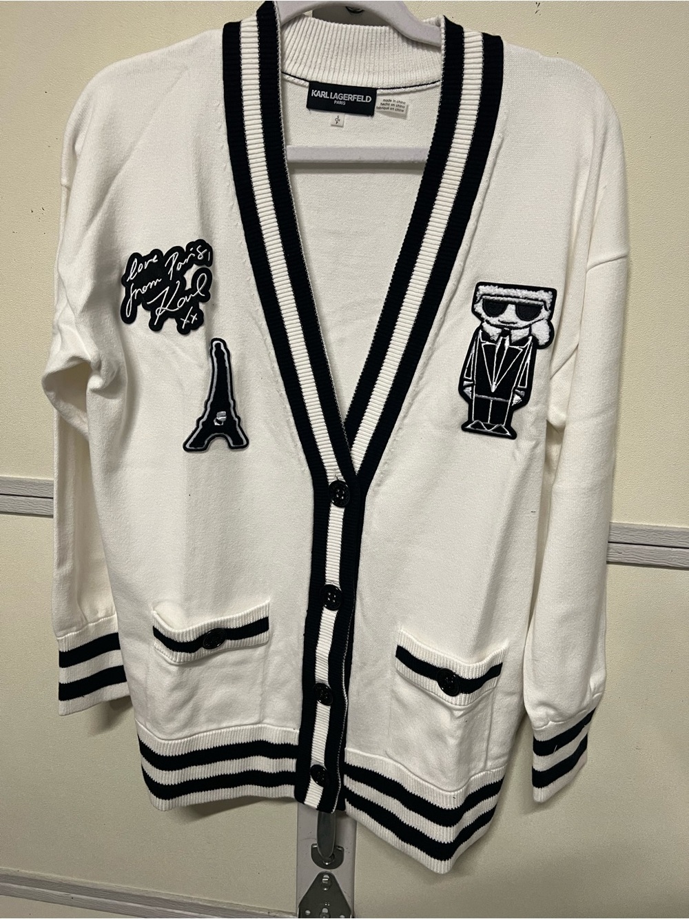 Karl Lagerfeld White Cardigan with Black Stripe Trim and Embroidered Patches